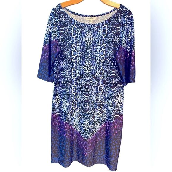 Shelby Palmer Sz 8 Blue Animal Print Purple Ombre 3/4 Sleeves Comfort Dress - Picture 1 of 6